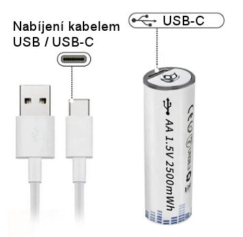 USB baterie nabíjecí 1.5V AA 2500mWh.