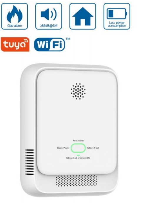 Wifi detektor zemního plynu (CH4) TUYA Smart s certifikací EN50194-1:2009.