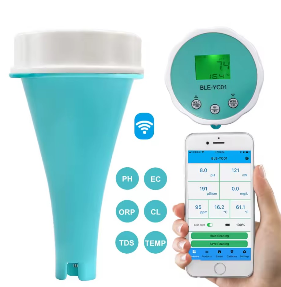 6v1 Chytrý plovoucí analyzátor vody do bazénu – Bluetooth tester kvality vody s aplikací.