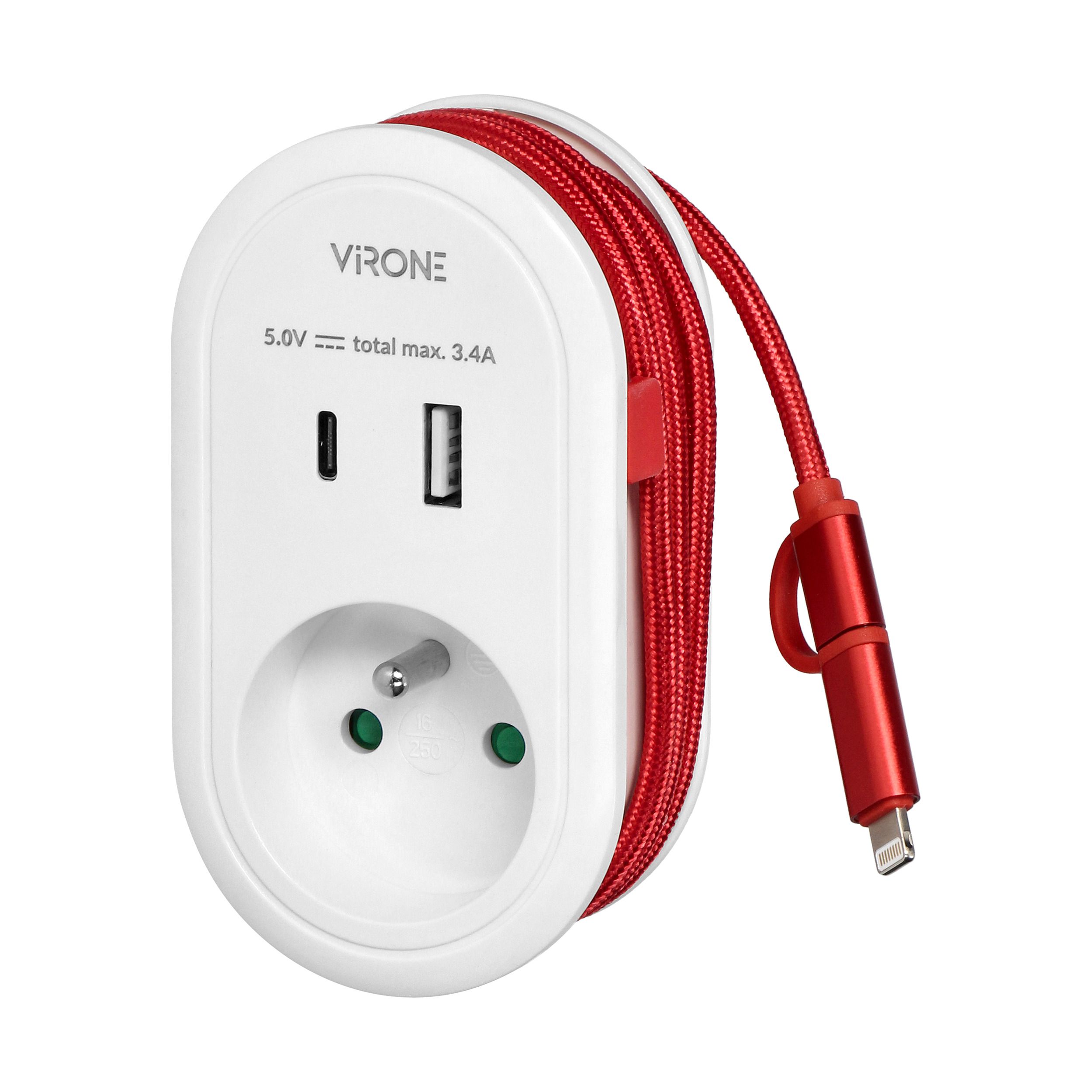 Adaptér se zásuvkou 1×2P+E, nabíječkou USB (2× port – USB-A + USB-C) a kabelem Type-C + Lightning, max. 3,4 A....