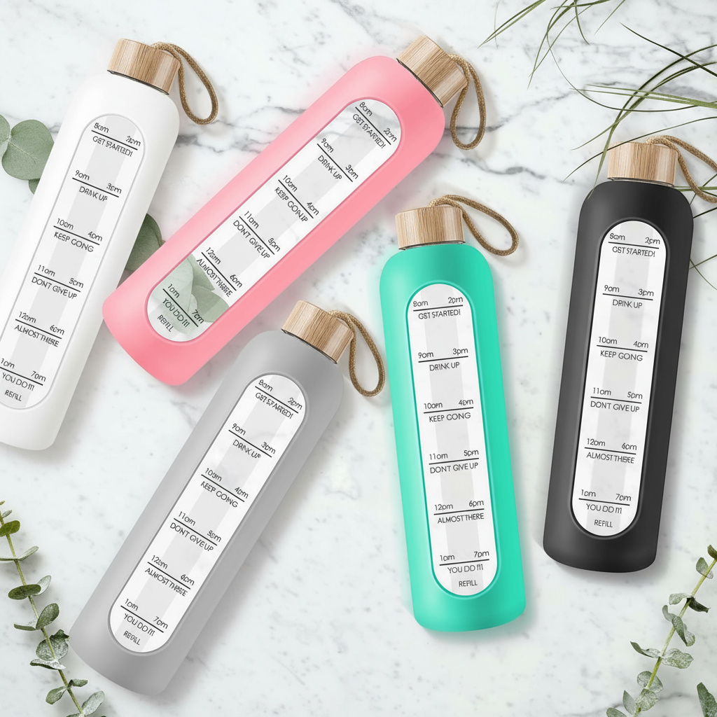 Skleněná láhev na vodu o objemu 1l se silikonovým pouzdrem - barva dle skladu