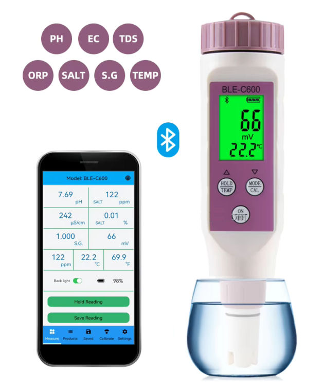 Chytrý kapesní měřič C600 7 v 1 ( pH, TDS, EC, ORP, Salinita, Specifická hmotnost, teplota) s Bluetooth...