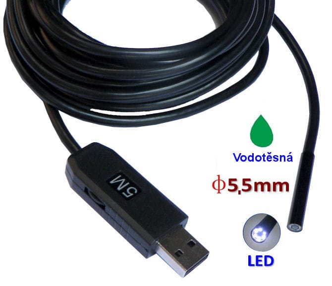 Inšpekčná kamera 5,5mm / dĺžka 5m vodotesná s osvetlením - endoskop s USB pripojením k PC a Android HIC-0505